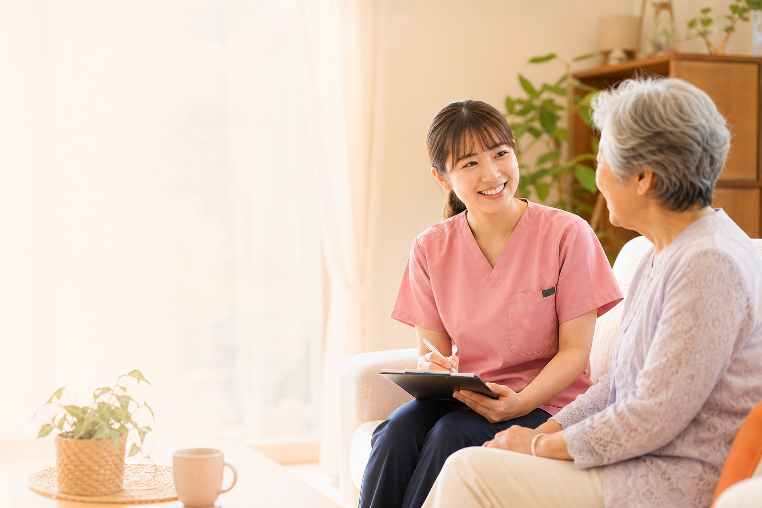 訪問看護師が自宅で利用者に寄り添っている様子